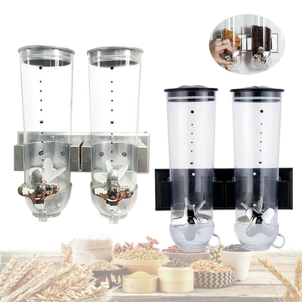 Dispensador de cereales montado en la pared, dispensadores de alimentos, 2 unidades, dispensador de cereales doble seco para montaje en pared, dispensador de dulces con 2 tazas para almacenar granos