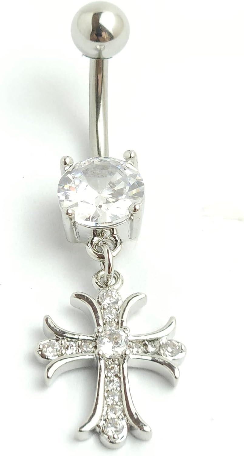 14G Surgical Steel Cross Dangle Belly Button Ring for Women Sparkle Cubic Zirconia Rhinestone Paved Belly Navel Curved Barbell Studs Dangling Body Piercing Jewelry - Image 5
