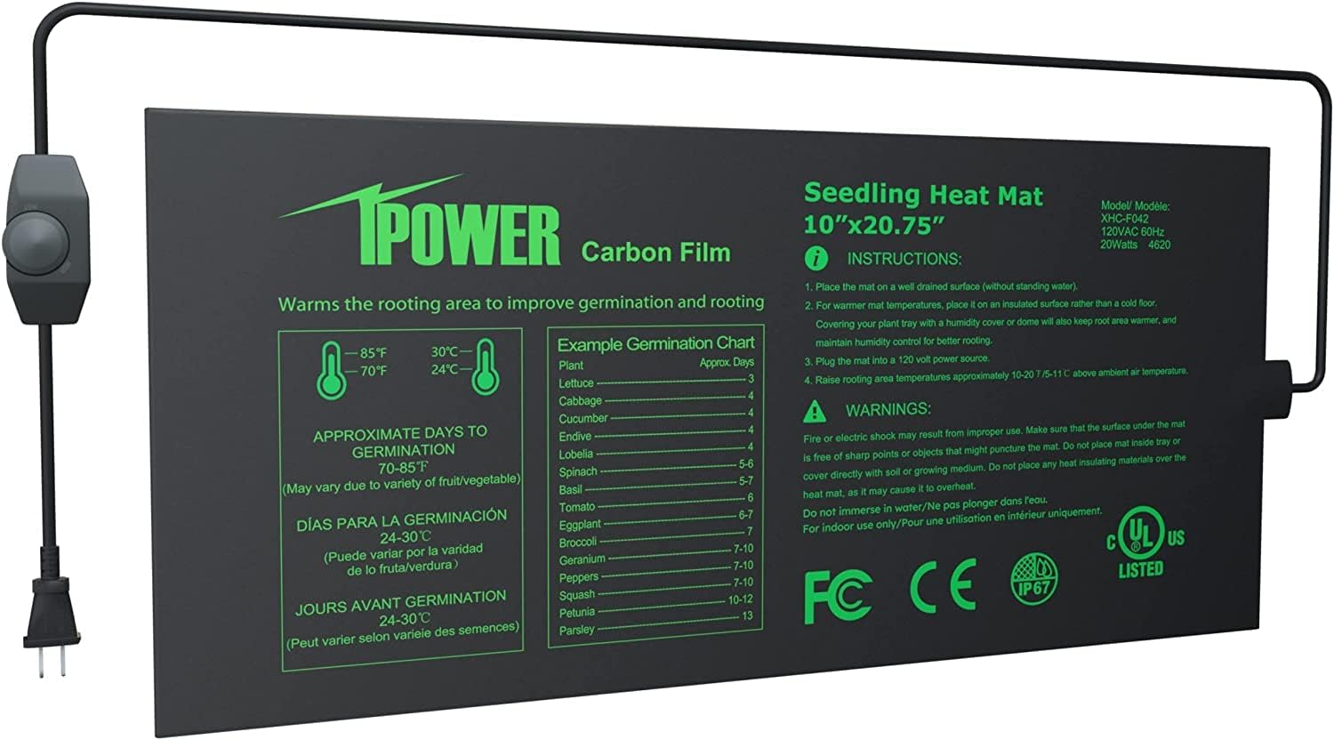 iPower 10" x 20.75" Seeding Heat Mat with Thermostat Temperature Adjustable Knob Durable Warm Hydroponic Plant Germination Starting Pad, Black