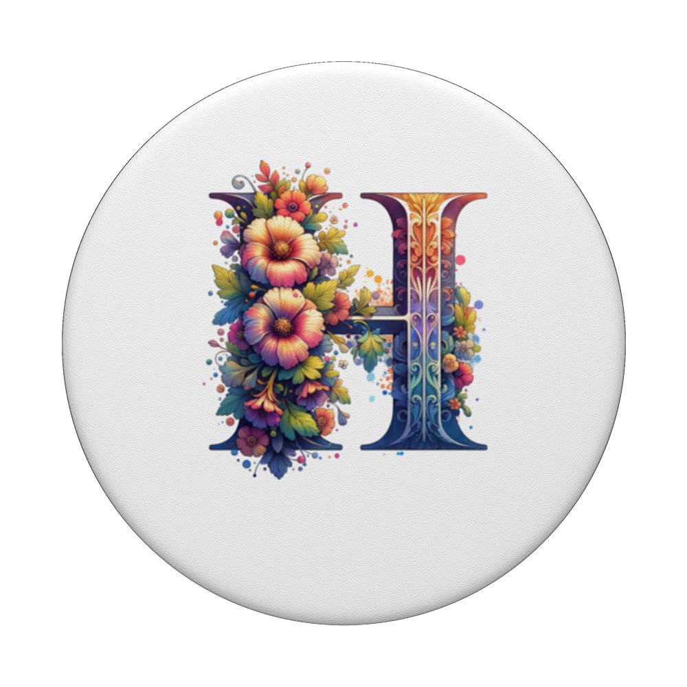 Capital Letter H Flower Alphabet Monogram PopSockets Swappable PopGrip, Black - Image 3