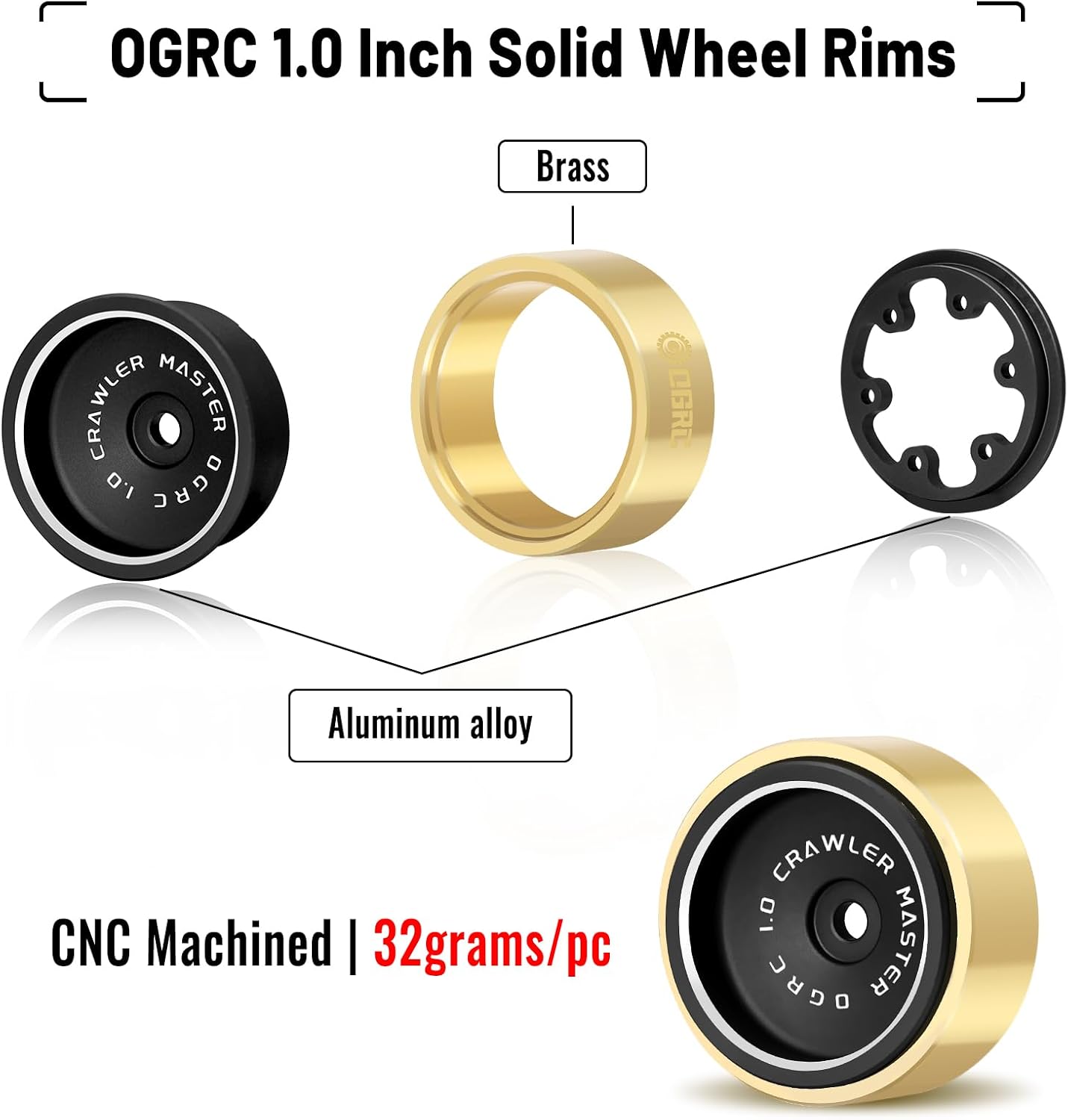 OGRC 1.0 Beadlock Wheels 32g RC Solid Wheel Rims with Brass Clamp Rings for Axial SCX24 AX24 TRX4M FCX24 1/24 1/18 RC Crawler Car (Bronze)