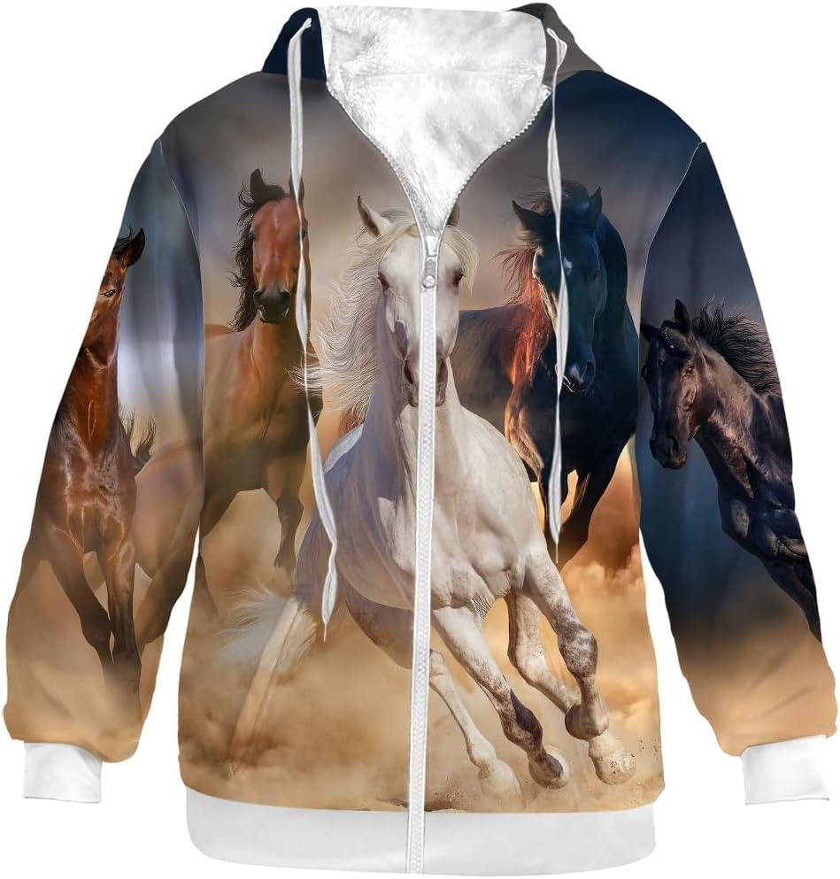Uminder Horse Print Jacket for Men Fleece Sweatshirt Winter Coat with Hood Zip Up Hoodies