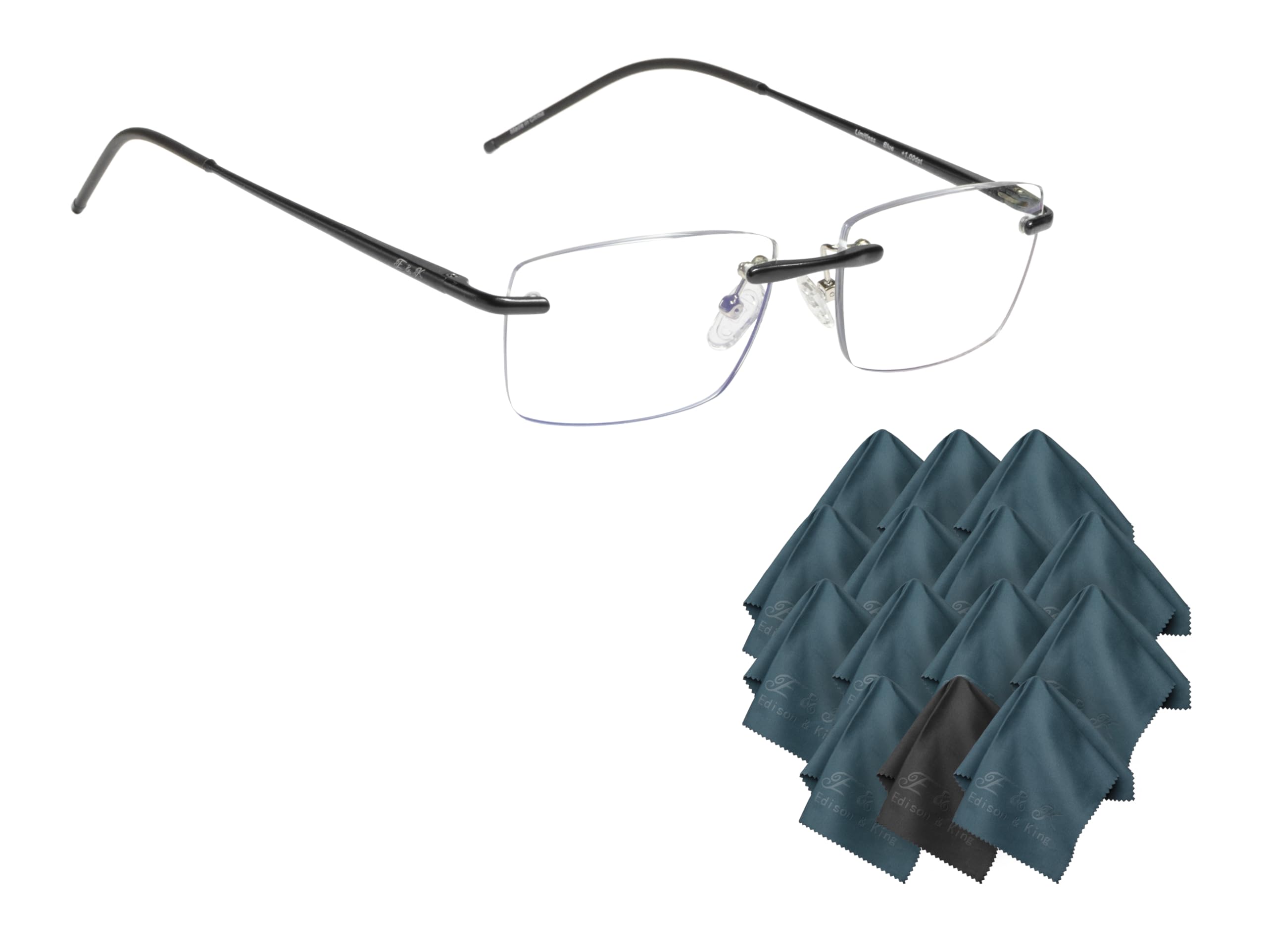 Edison & King Limitless randlose Lesebrille in schwarz +1,75 dpt + Brillenputztücher Microfaser 14er-Pack – leichte Fertiglesebrille mit großen Gläsern & Zubehör-Set