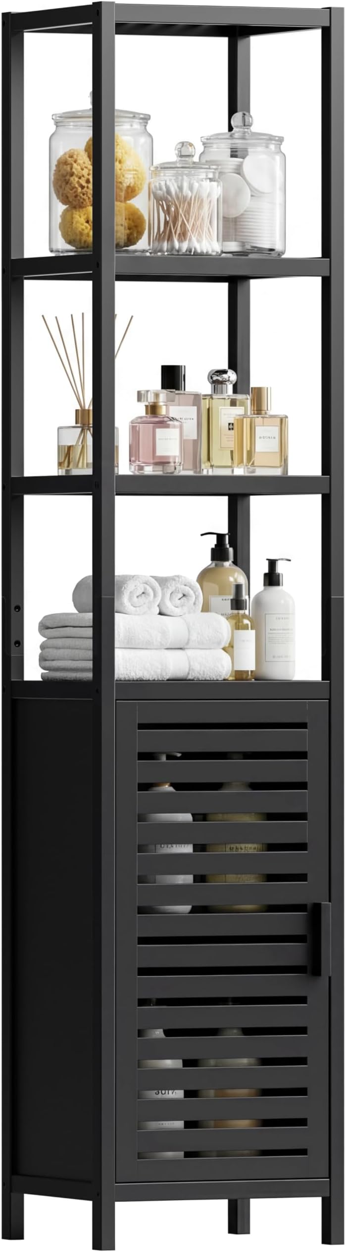 HITNET Tall Bathroom Storage Cabinet, 67 Inch Bamboo Freestanding Linen Tower Corner Shelf with 4 Open Shelves and Shutter Door for Small Space, Black