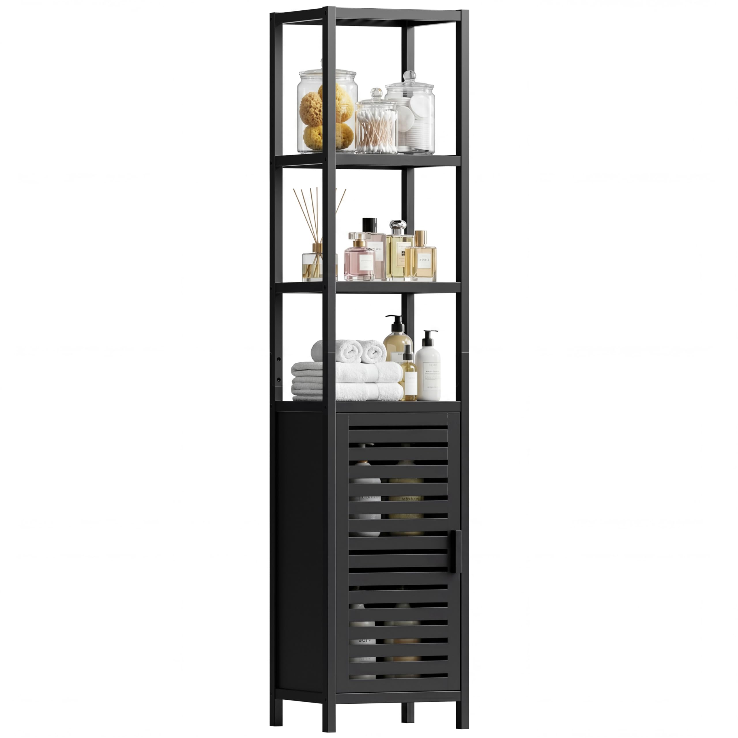 HITNET Bathroom Cabinet Freestanding, Tall Slim Bamboo Storage Cabinet with Single Door and Open Shelves, Space Saving Kitchen Cupboard Organizer,