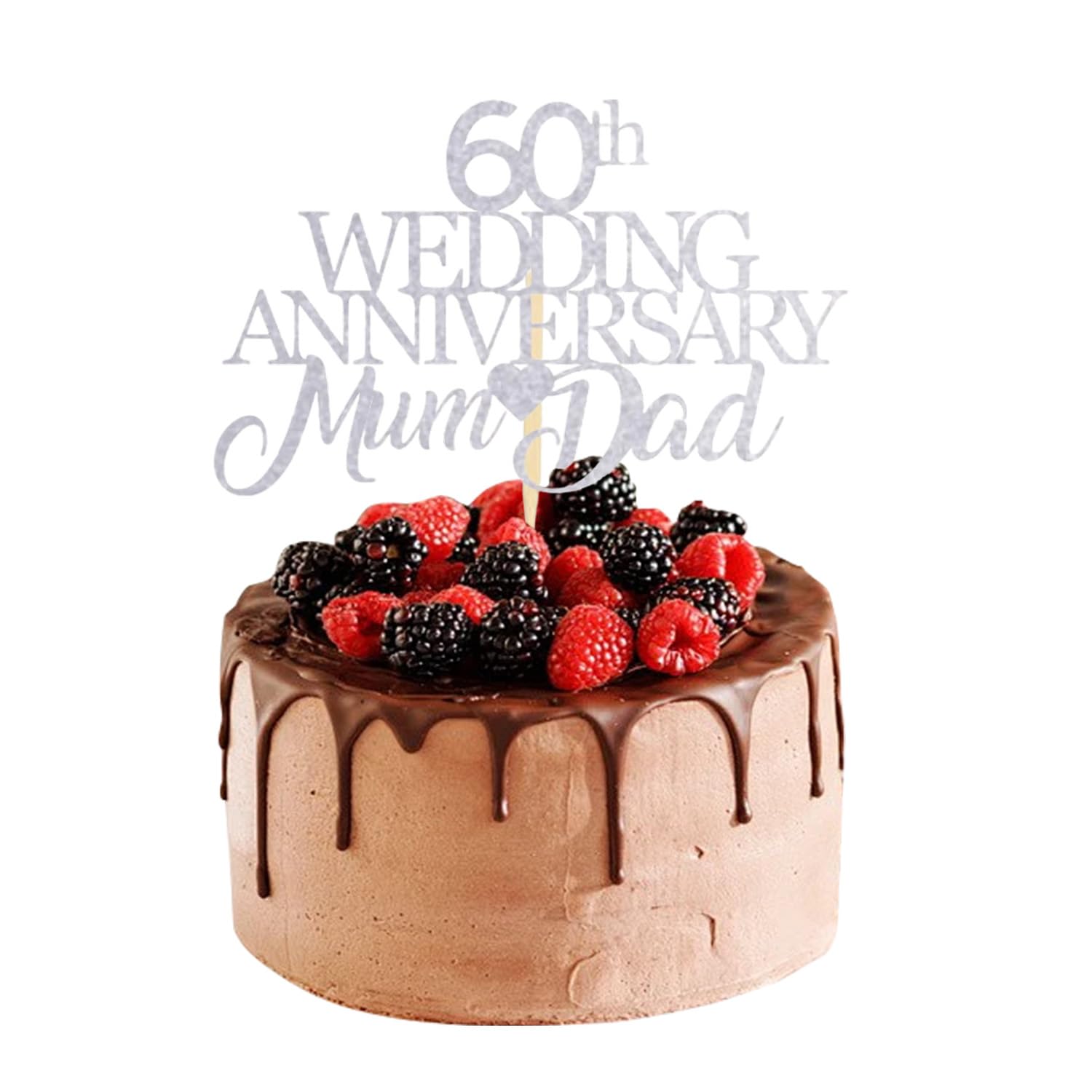60th Wedding Anniversary Cake Topper Diamond Wedding Decorations Mum & Dad Glitter 60th Anniversary Cake Topper for Celebration Party Supplies (SILVER)