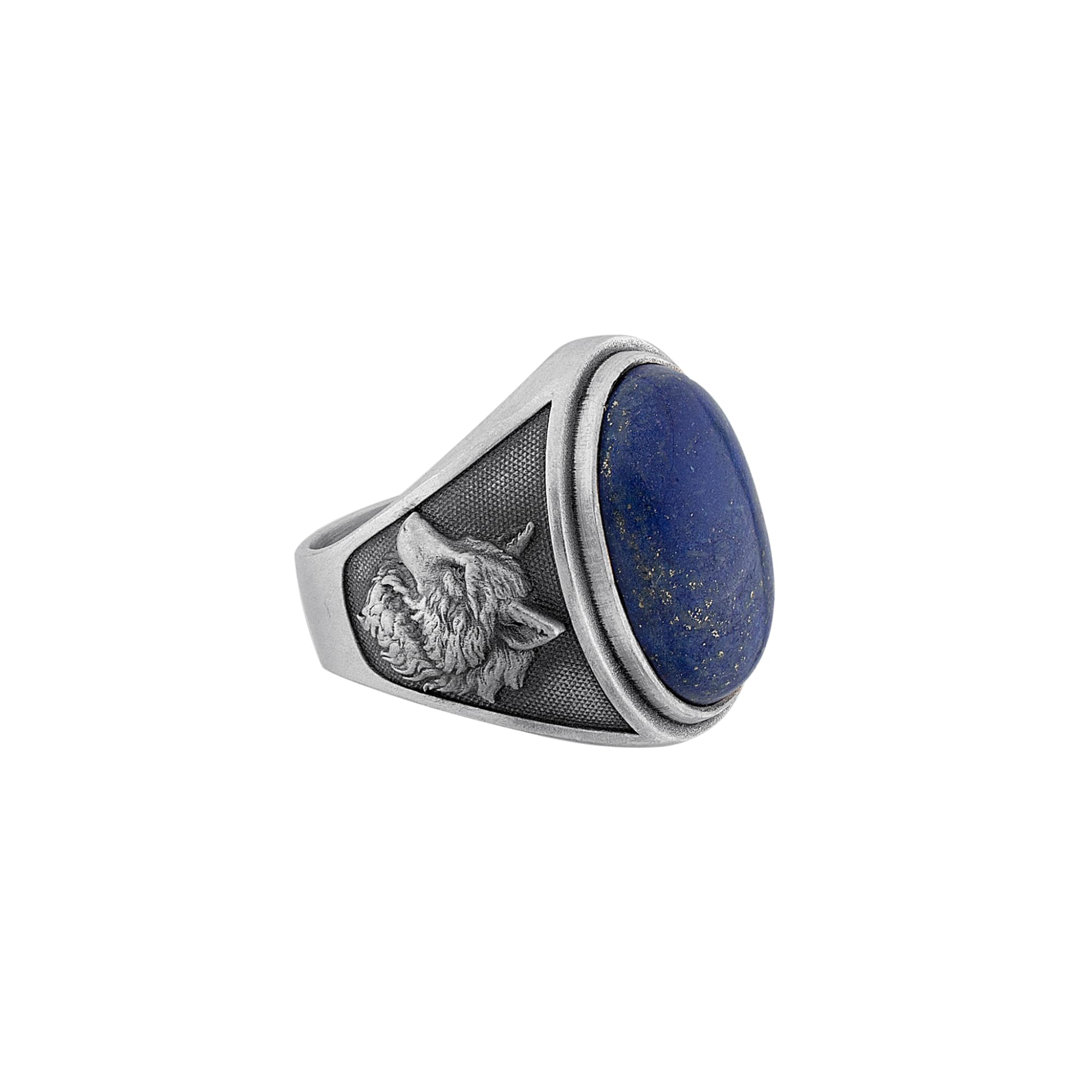 THESWAF Lapis lazuli Wolf Head Signet Man Ring, Silver Lapis Gemstone Wolf Men's Ring, Animal Signet Rings, Wild Wolf Men Rings