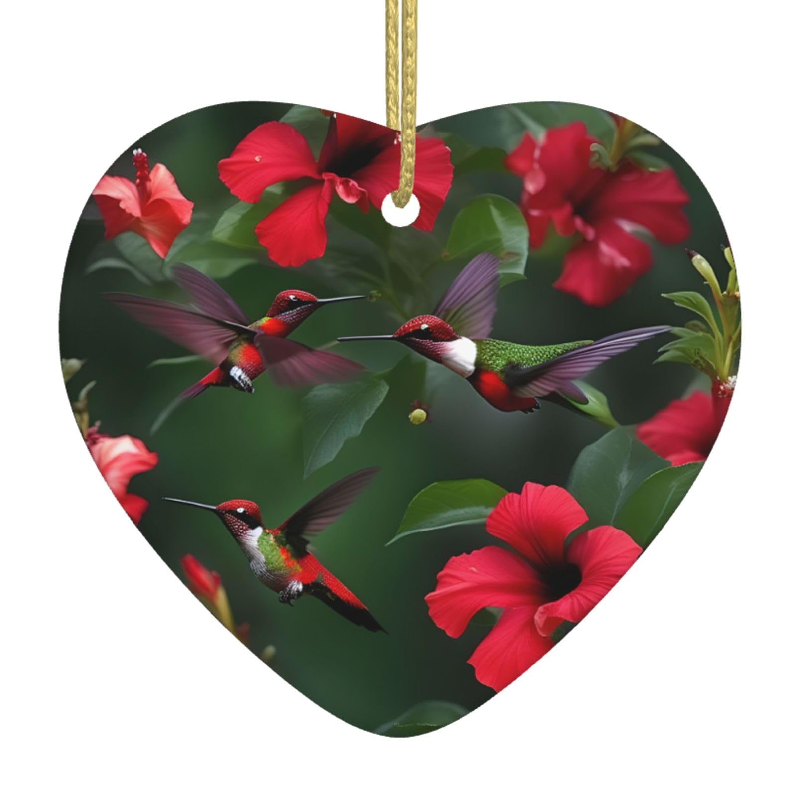 Nbtghga White Hummingbirds Red Flower Hibiscus Print Christmas Ornaments, Ceramic Hanging Ornament, Xmas Tree Decoration, Holiday Home Decor