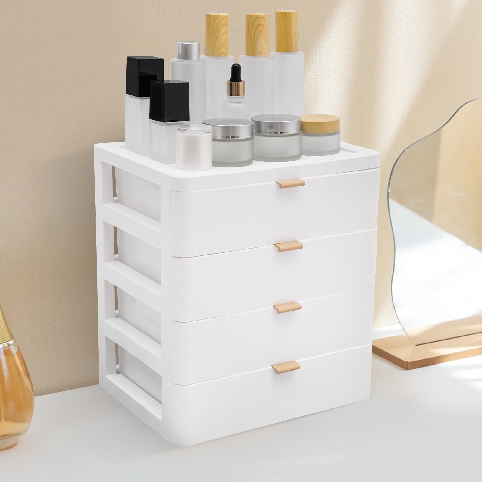 Contenitore rettangolare da scrivania con cassetto, 4 cassetti, bordi convessi, angoli rotondi, per libri, gioielli, cosmetici, snack
