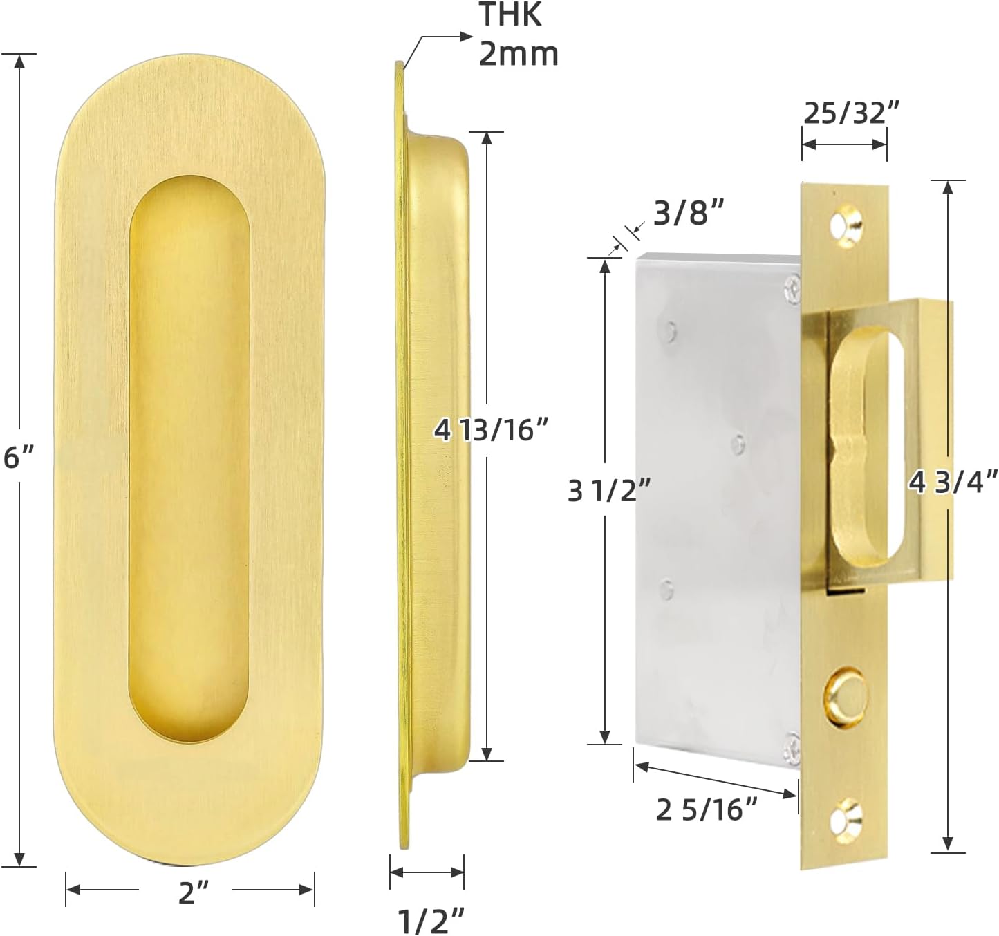 Pocket Door Handles Gold,6 inch Oval Recessed Flush Pocket Door Pull Handle,304 Stainless Steel Pocket Door Hardware, Hidden Edge Pull with Push Automatic Bounce Switch