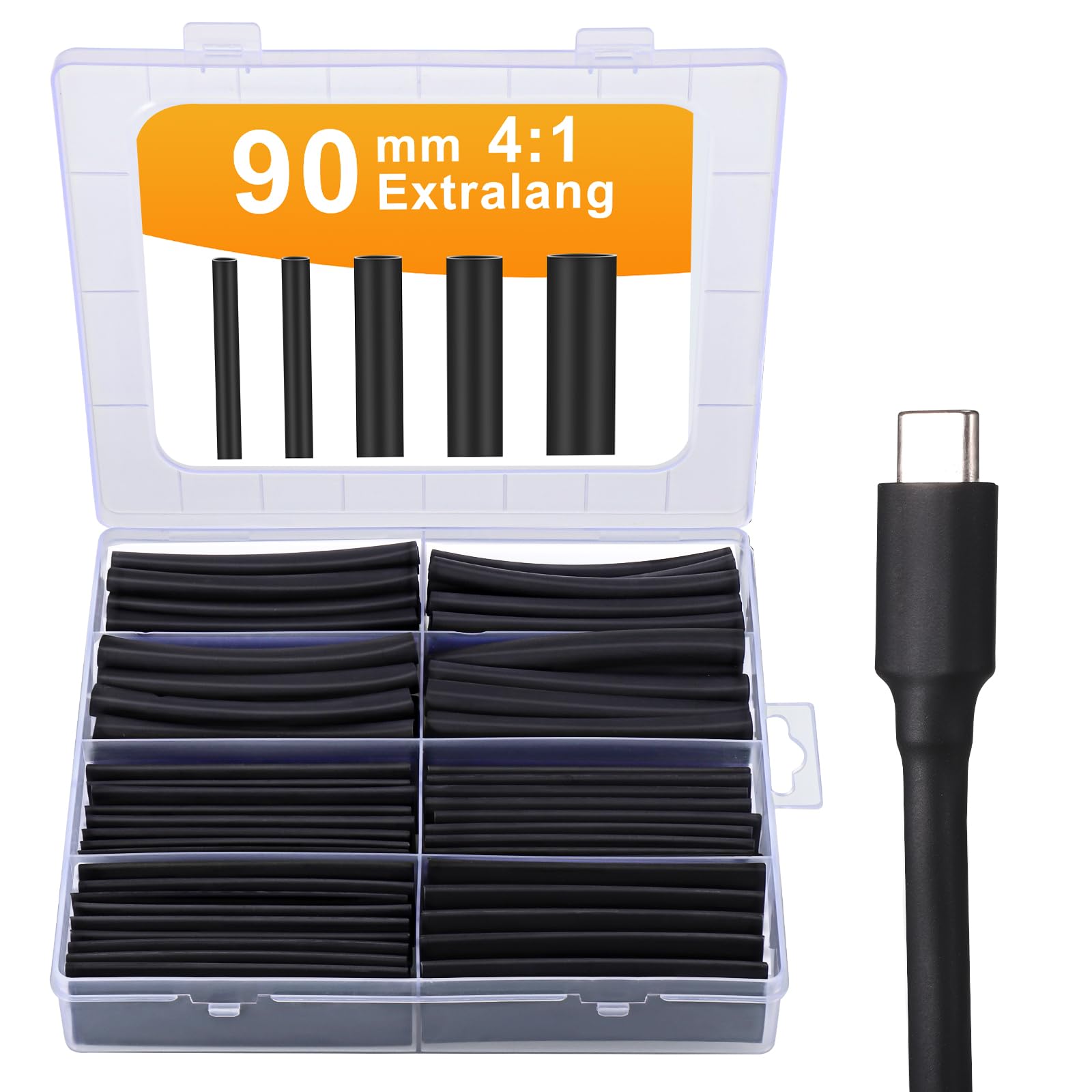Hejo Schrumpfschlauch-Set 90 Mm – 100 Stück, 5 Größen (6–20 Mm), 4:1 Schrumpf, Doppelwandig Mit Kleber, Wasserdicht & Isolierend, Für Kabel & Elektroinstallationen