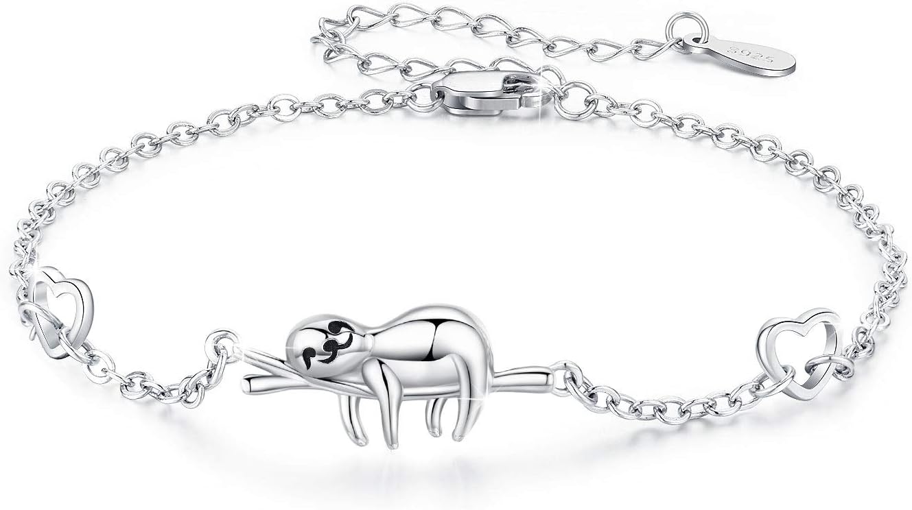 JUSTKIDSTOY Sloth Bracelets Sterling Silver “Slow Down Be Happy” Slider Animal Chain Necklaces for Women Sloth Gifts Lover (Bracelet)