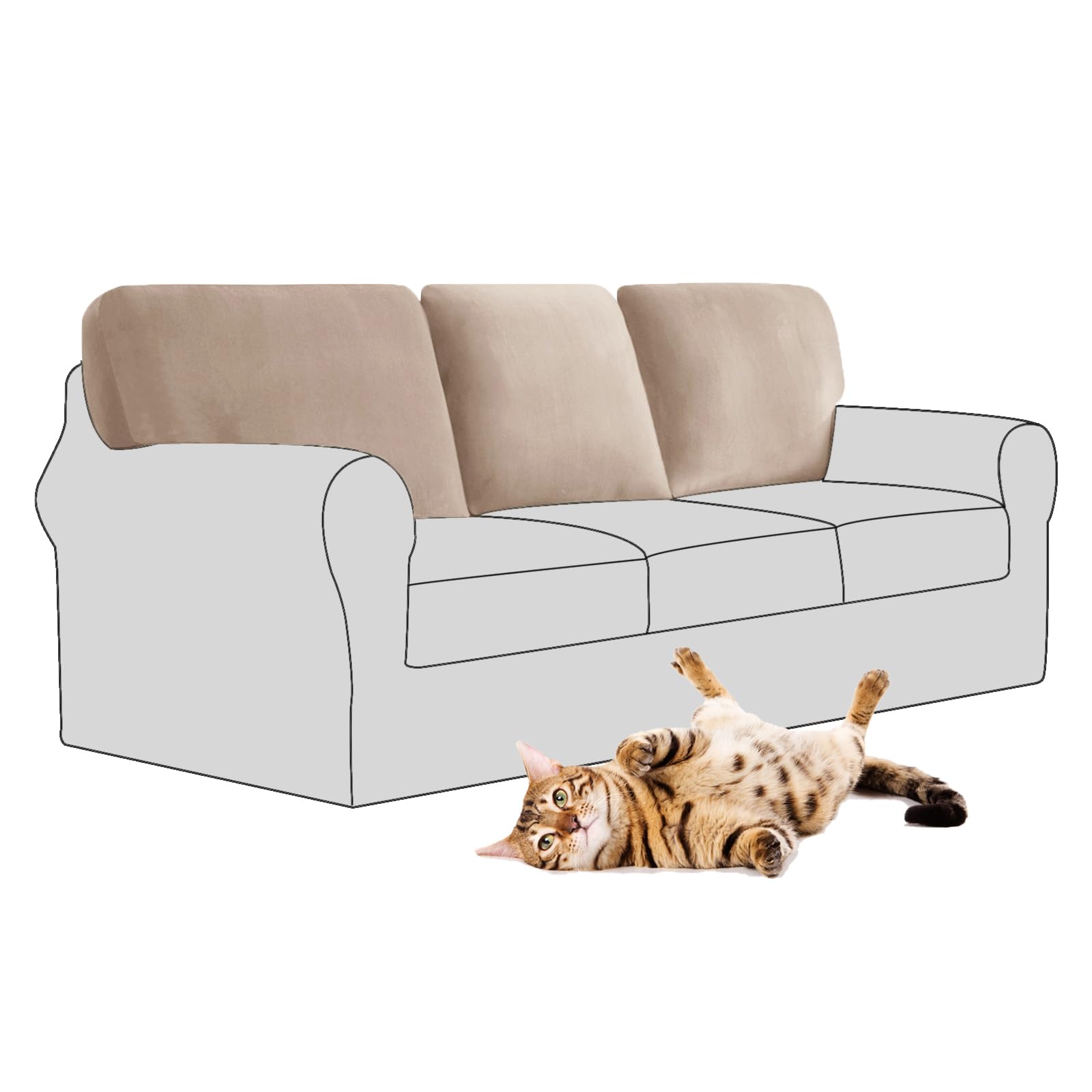 SYLC Stretch Velvet Sofa Backrest Cover, Back Cushion Covers Non-Slip Sofa Cushion Slipcovers for Couch Chesterfield Caravan RV Dinette (Khaki,3 pcs Rectangle M)
