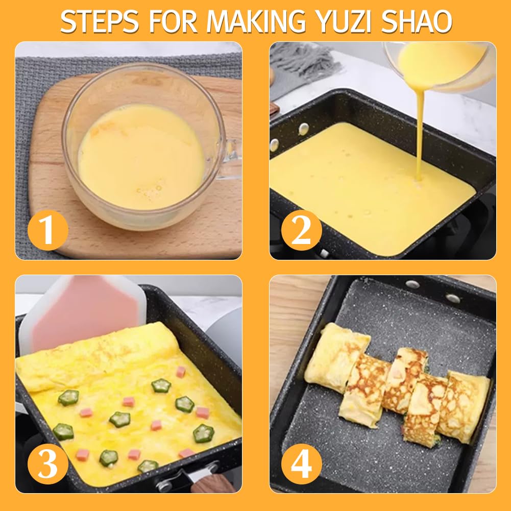 Padella Tamagoyaki, Padella per Omelette Giapponese, Uova, Pankache con Spatola in Silicone e Pennello, Padella Rettangolare per Frittata per Induzione e Gas (Nero)