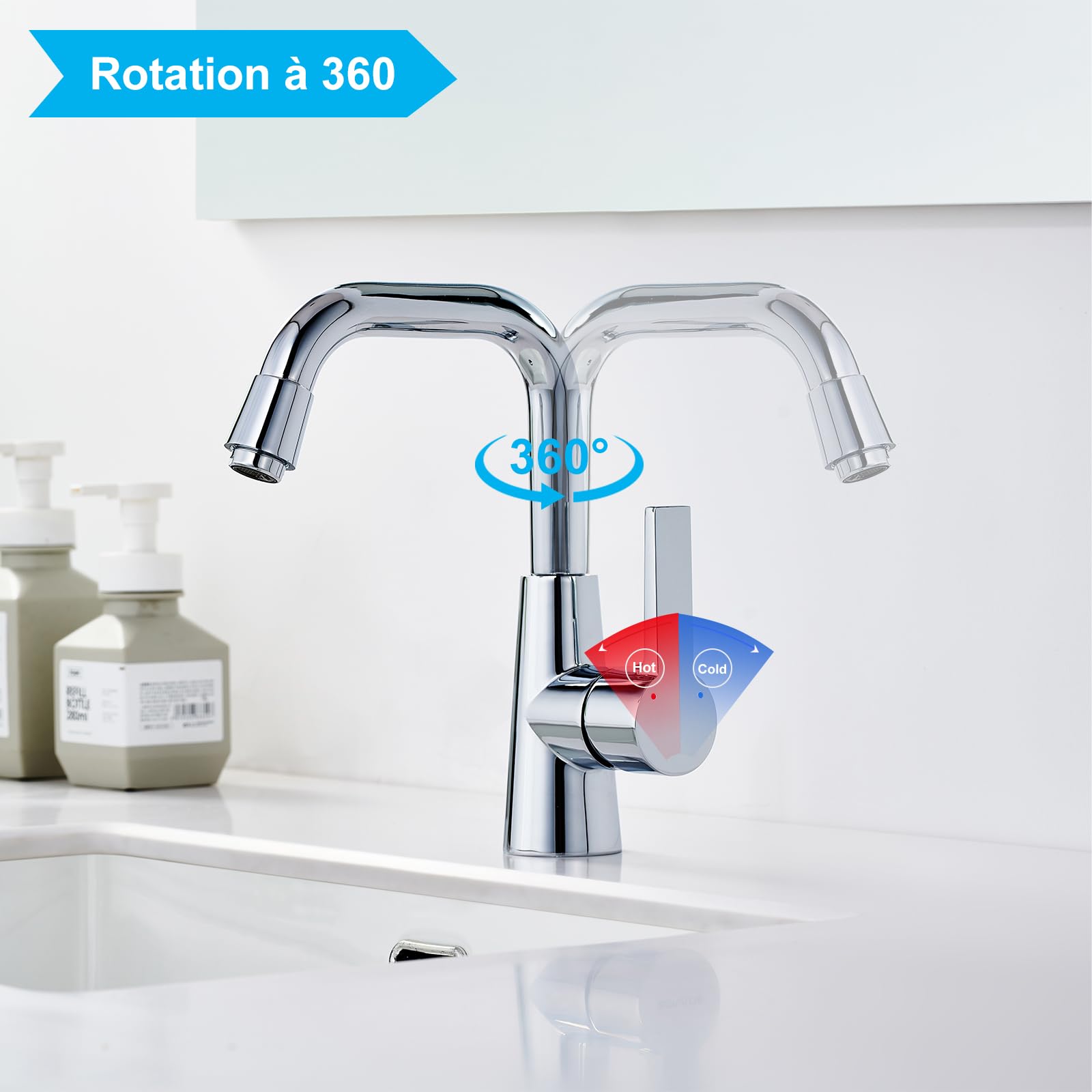 BONADE Robinet Salle Bain, Mitigeur Lavabo Rotatif à 360°, Robinet Lavabo en Laiton Chromé, Robinet Salle de Bain à Eau Chaude et Froide Robinet Lavabo Salle de Bain Pour Salle de Bain et Cuisine