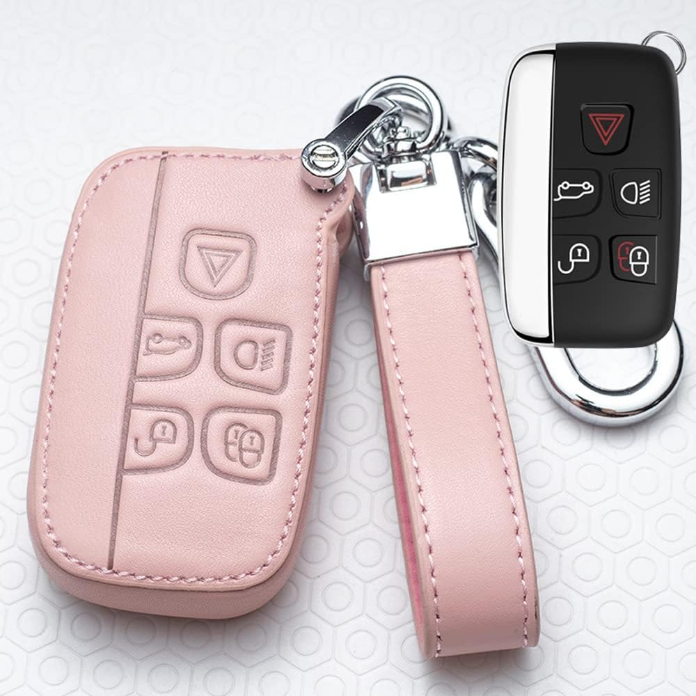 SANRILY Pink Leather Key Fob Cover for Land Rover Discovery Sport Land Rover LR2 LR4 Freelander,Jaguar XF XJ XE F-PACE F-Type Keyless Full Protector Smart Key Case Shell with Keychain - Image 5