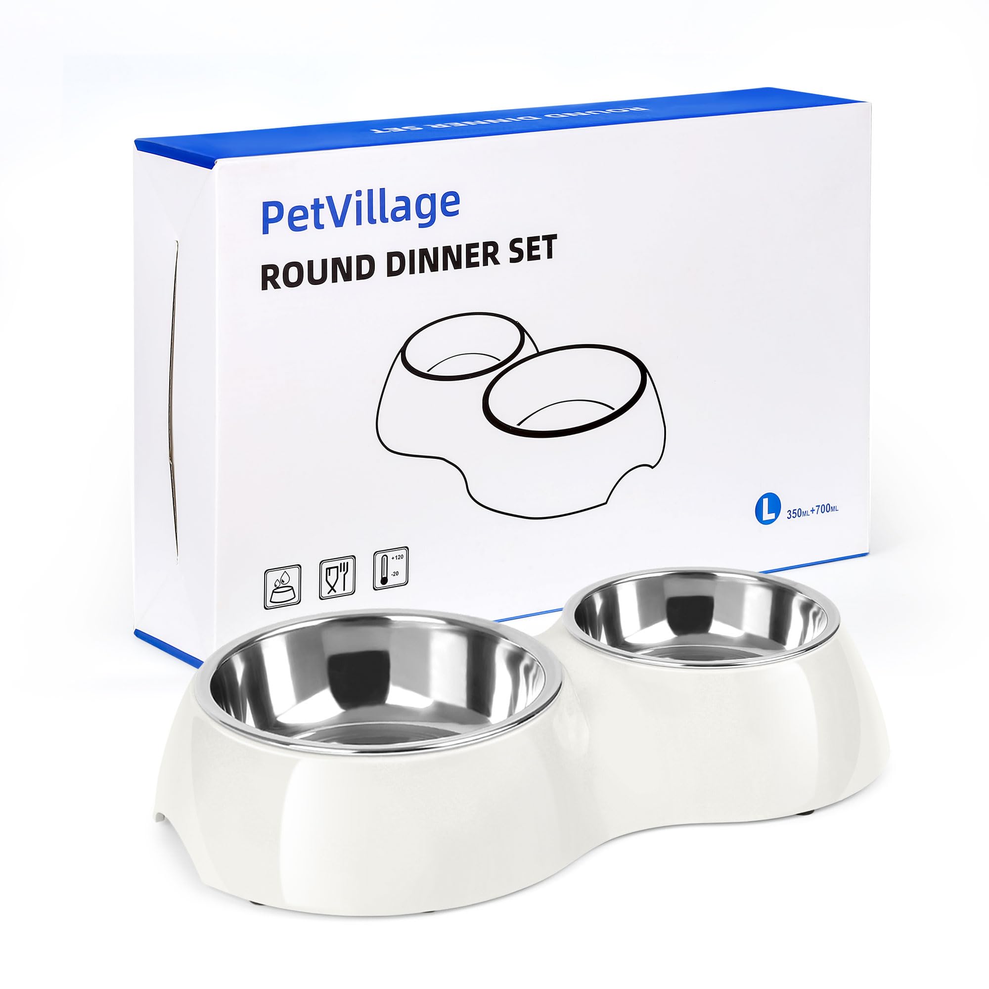 etvillage - Juego de cuencos dobles para perros, contiene dos cuencos de acero inoxidable y una base de elevación. Proporciona comida y agua para perros grandes, medianos y pequeños. (Mediano: 4.8