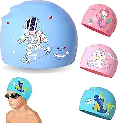 Touca de Natação Infantil em Silicone, Impermeável, Desenhos Divertidos, Rosa e Azul