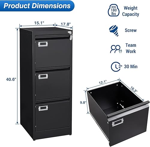 Miniatura 3 de Archivador de 3 cajones para oficina en casa, archivador vertical con cerradura, archivador de metal con bloqueo, archivador pequeño organizador