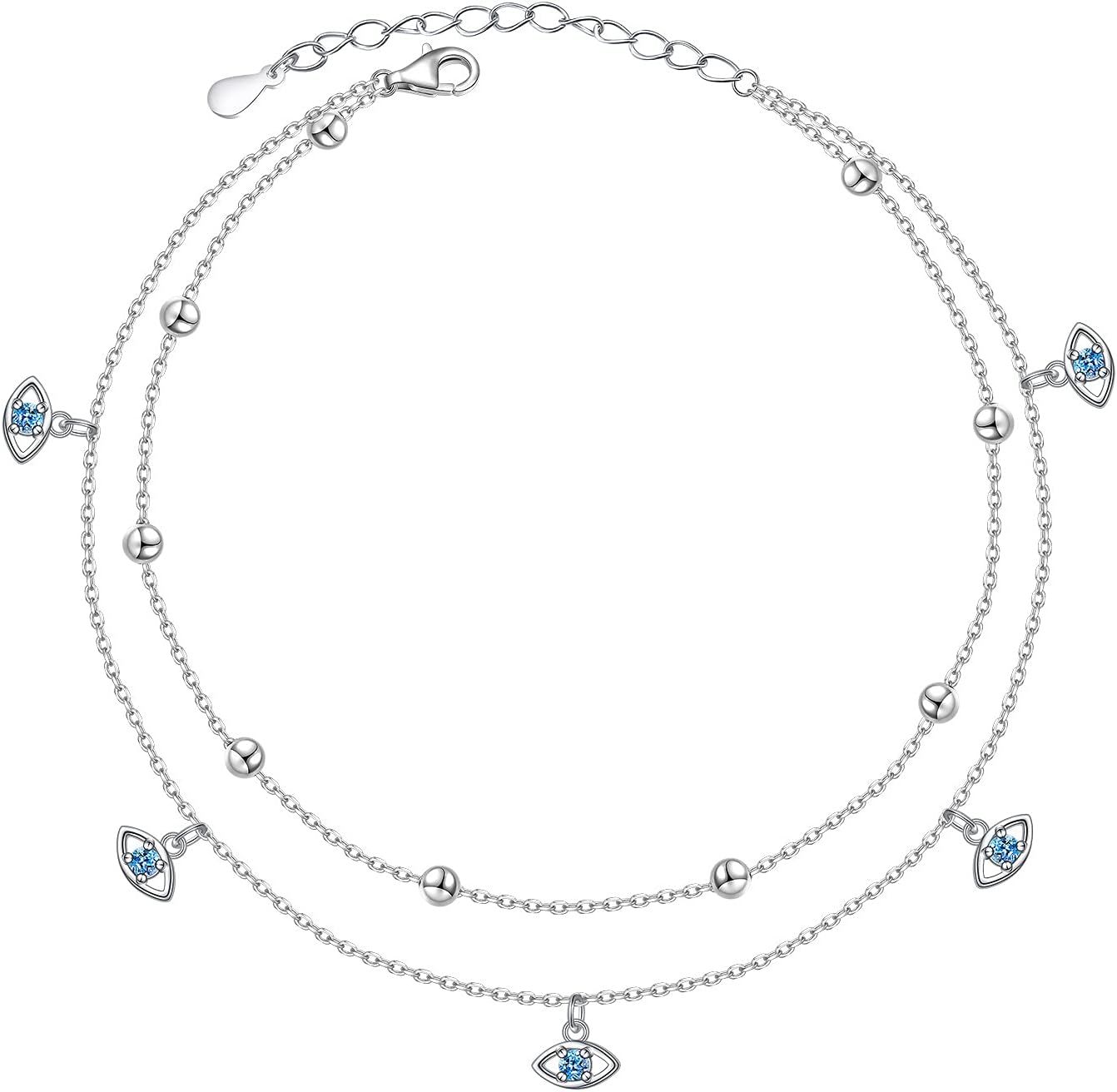 Anklet for Women S925 Sterling Silver Beach Style Foot Layered Adjustable Ankle Bracelet Disc Evil Eye Heart Infinity Bead Cross Jewelry