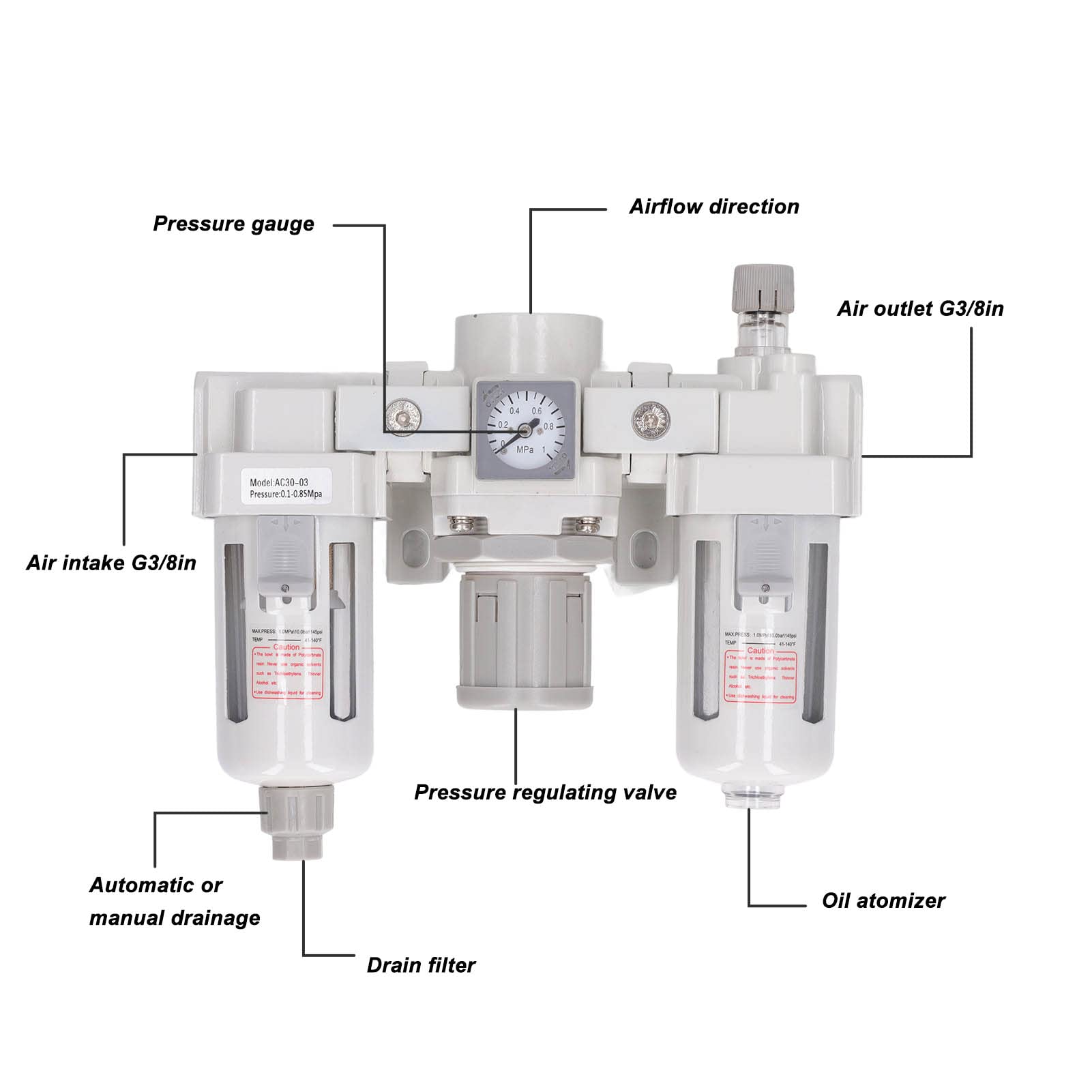 Regulador de presión de filtro de aire para compresor G3/8, regulador de presión de filtro de aire con separador de agua y aceite, filtro neumático de aleación de aluminio para