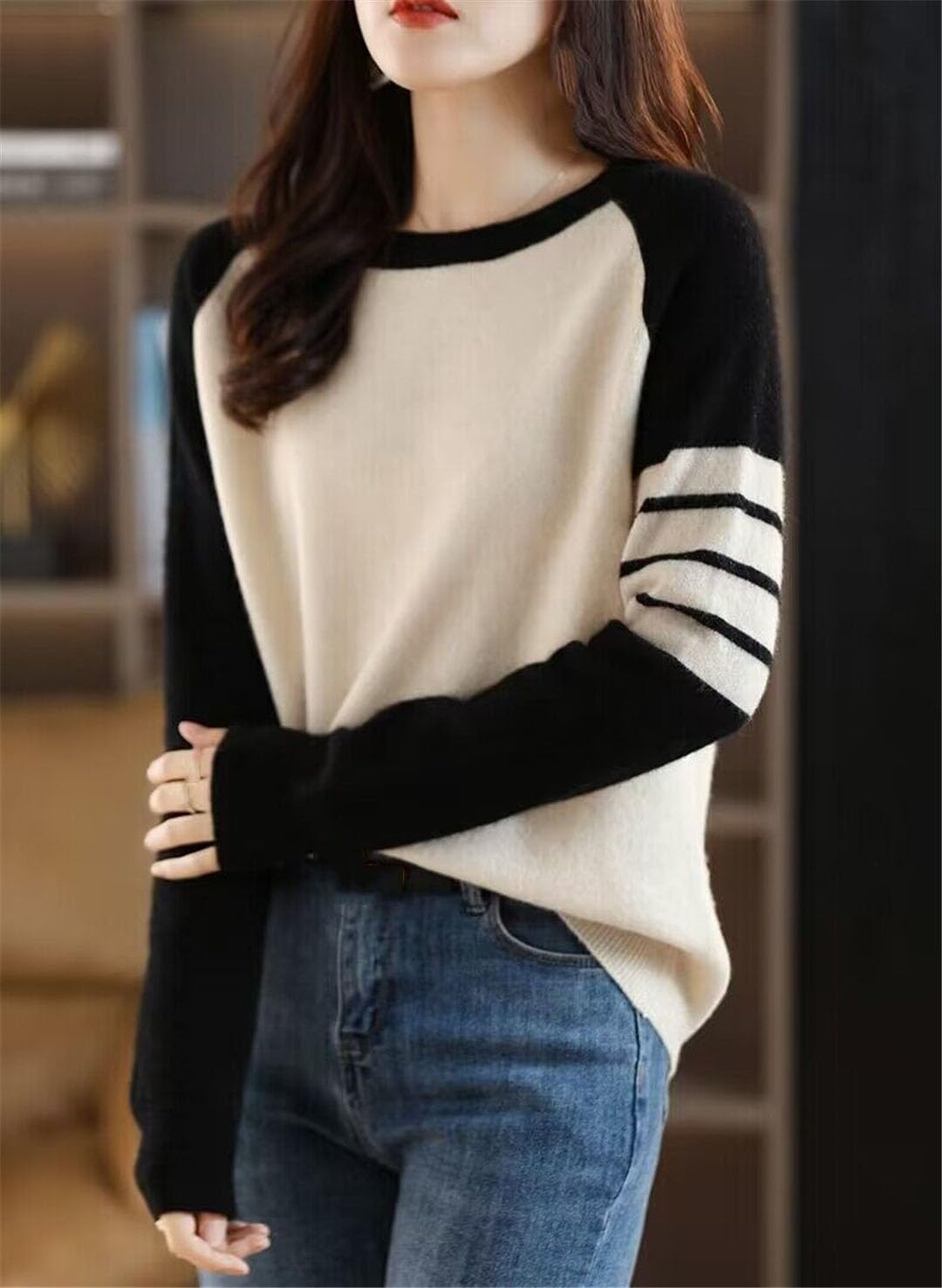 Jersey De Punto Informal con Cuello Redondo Y Manga Larga para Mujer