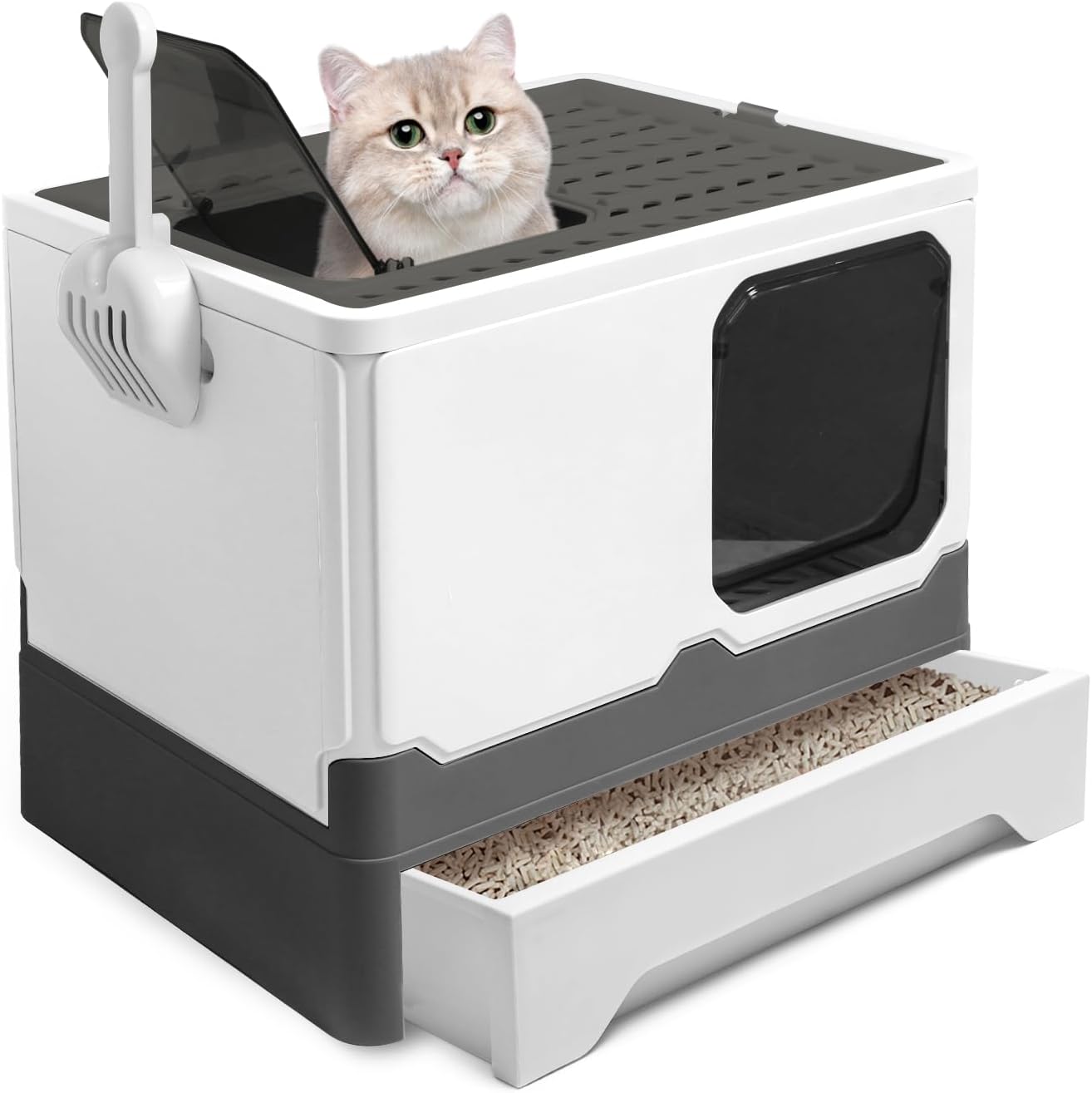 Foldable Cat Litter Box, Front Entry Top Exit Cat Litter
