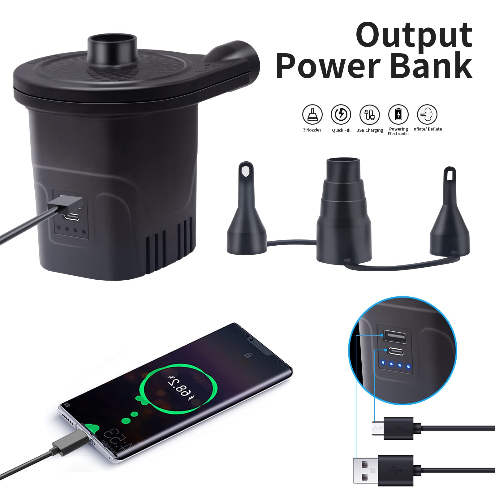 OBEST Pompa Elettrica Ricaricabile, Mini Pompe Aria Elettriche USB Portatile, 3 Ugelli Pompa Elettrica 4000 mAH Viene Utilizzata per Materasso/Piscina con Pompa ad Aria/Molo all'aperto/Gommone