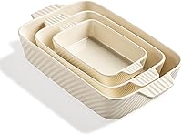 Sweejar Ceramic Baking Dish Set - Striped Porcelain Casserole for Lasagna, Brownies, Oven Safe with Handles, Beige