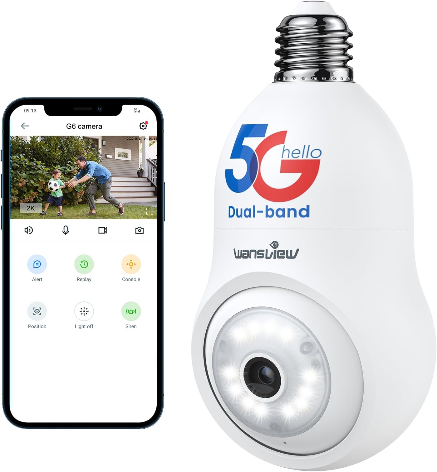 wansview 2K Light Bulb Security Camera-5G&2.4G WiFi 360° Security Cameras Wireless Outdoor/Indoor for Home Security, Color Night Vision, 24/7 Recording, Auto Tracking, Siren Alarm, Works with Alexa