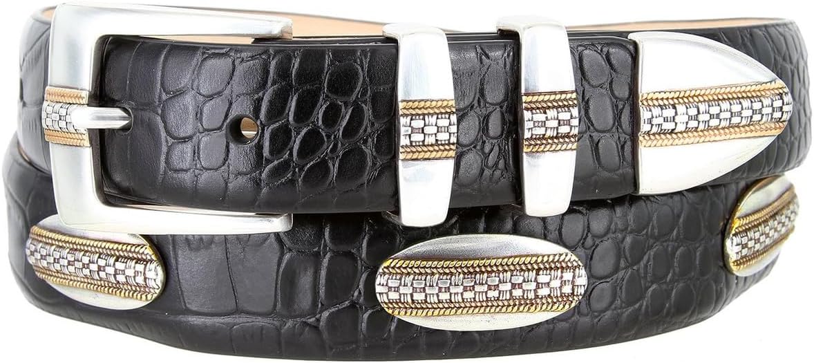 Andrew Silver with Gold Buckle Alligator Black Genuine Leather Belt 1-1/8" Wide