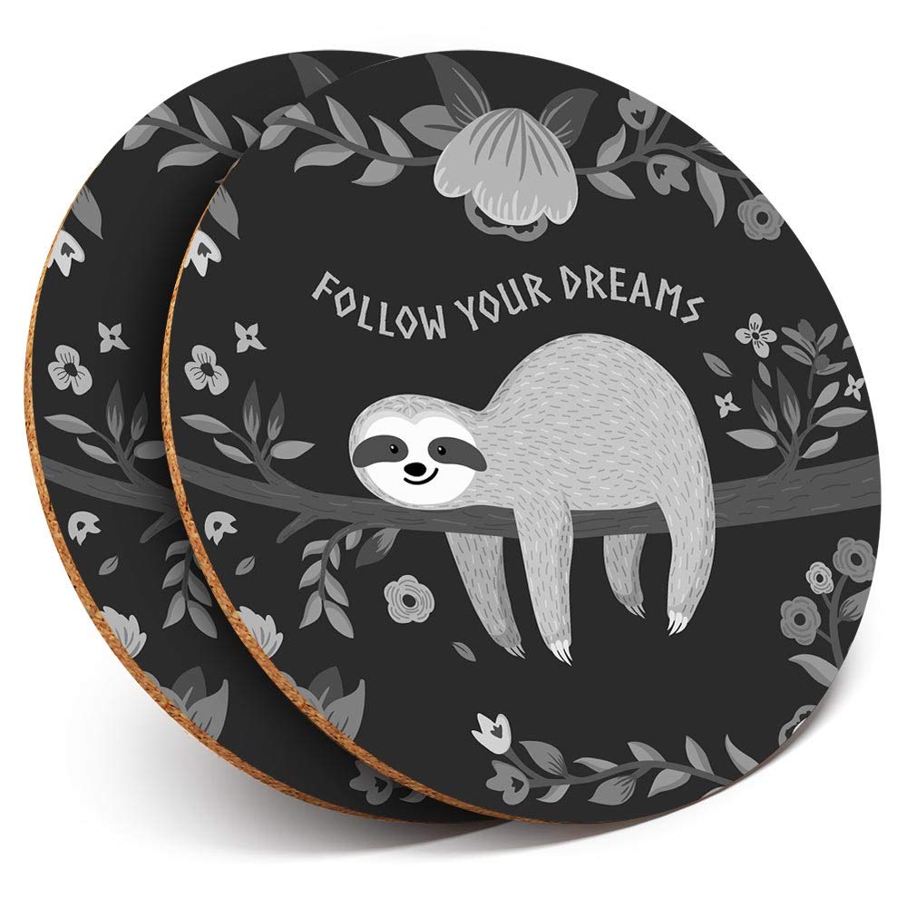 Destination Vinyl Ltd Multicolor 2 X Round Coasters - Lazy Sloth Follow Your Dreams - Cork Backed Home Kitchen Accessory Tea Coffee Mug Mat #35919