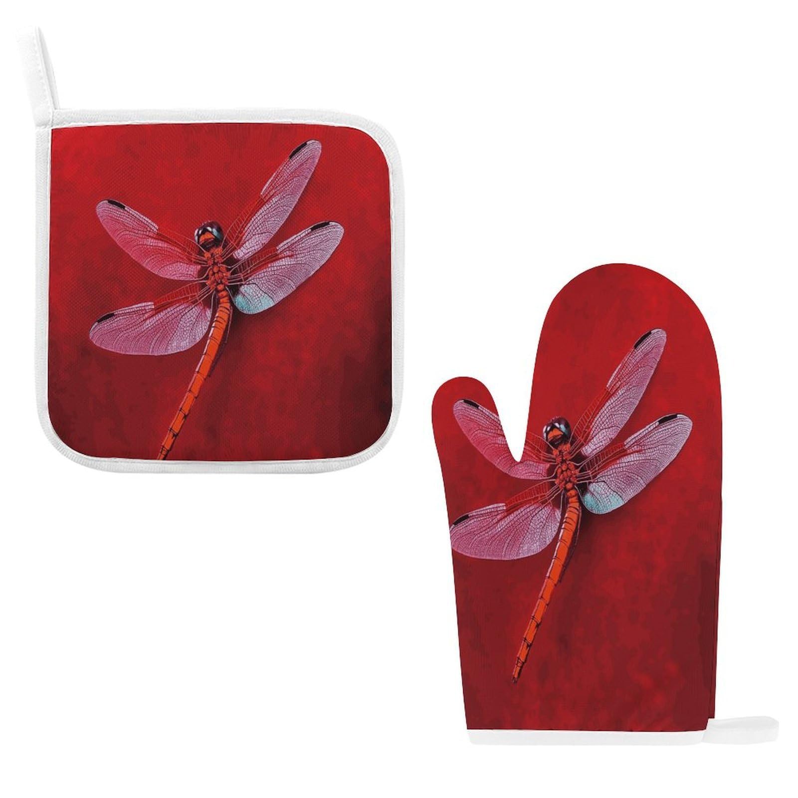 Fodpand Style Dragonfly On Red Background Oven Mitts And Pot Holders Sets