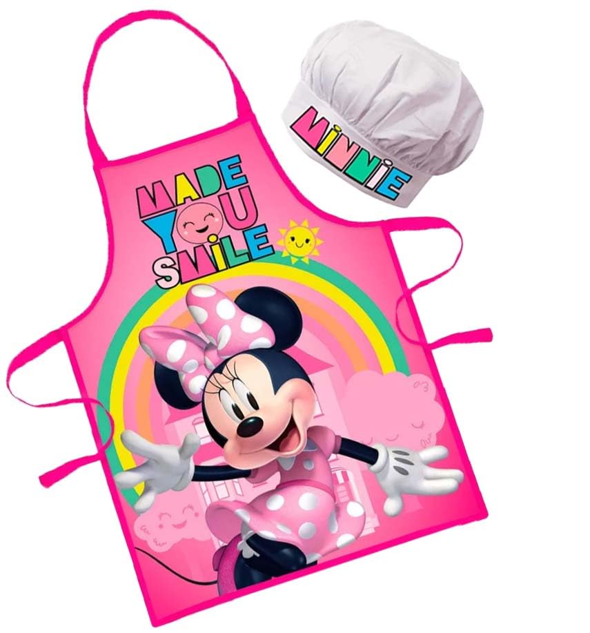 Sorrisini Delantal Infantil y Gorro de Cocinero Ajustable para Niños Minnie Mouse, Mandil Niña, Delantal y Sombrero para Cocinar, Hornear, Pintar, Free-Time