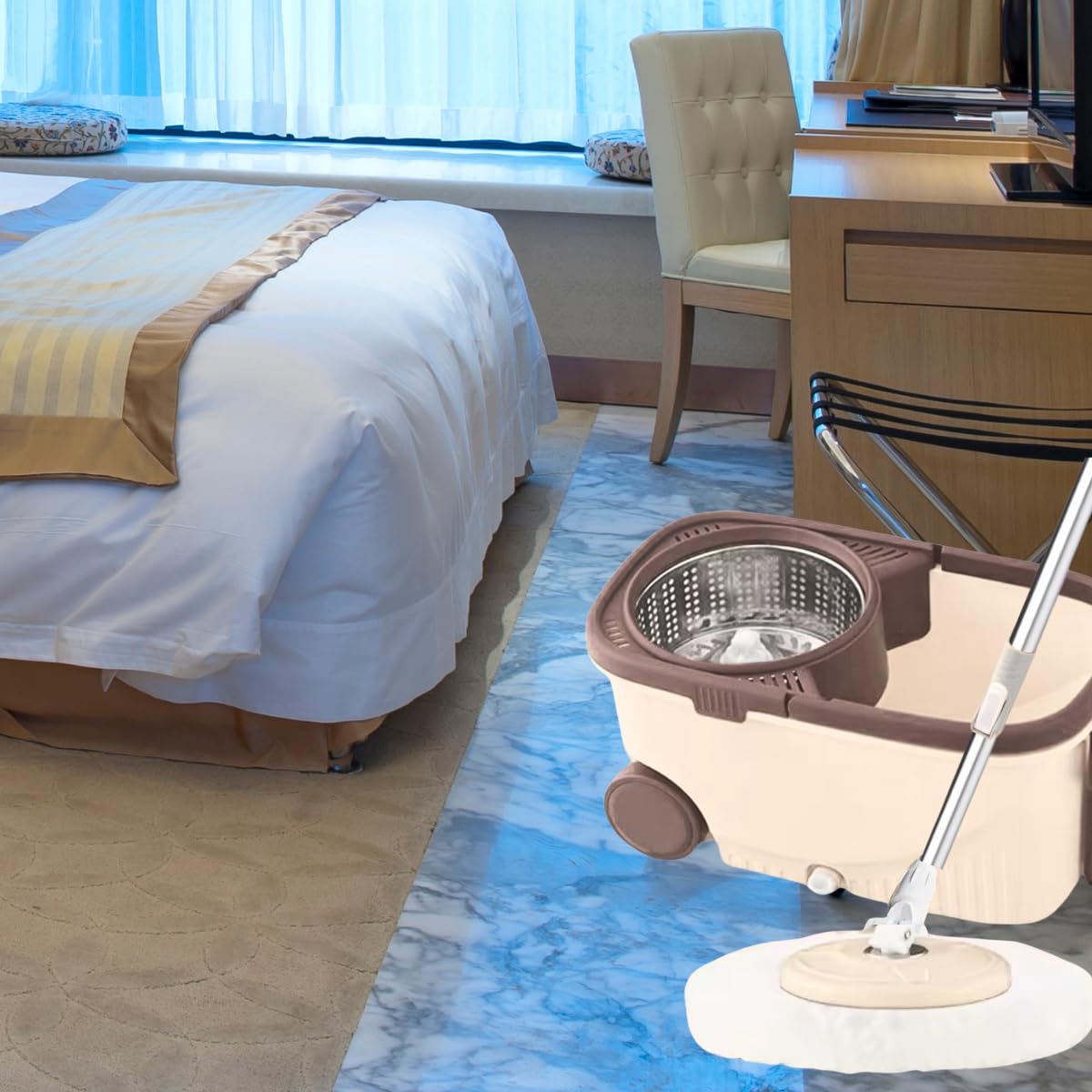 Juego de cubo giratorio para fregona con cabezales, cabezales secos giratorios de microfibra, mopa giratoria desmontable, cesta escurridora de acero inoxidable