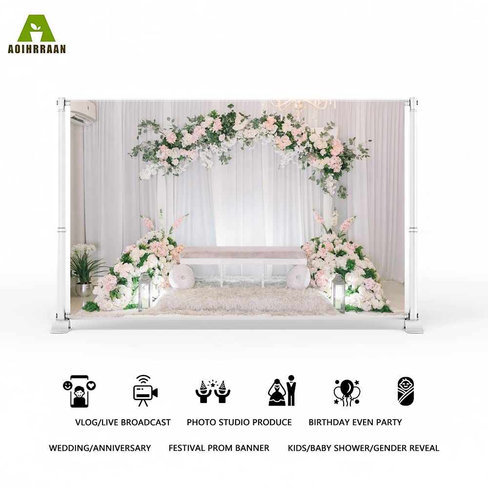 Aoihrraan 3x2m Mariage Toile De Fond Rideau Blanc Floraison Fleur Glycine Verte Rose Floral Chaise Photographie Douche Nuptiale Anniversaire Proposition Fête Saint Valentin Portrait Studio Photo