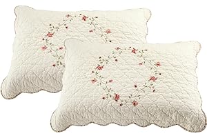 vctops Embroidered Floral Quilt Pillow Shams 2-Piece Cream
