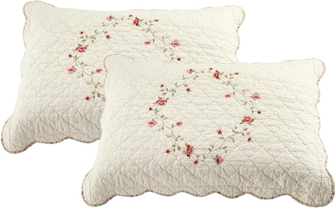vctops2-Piece Elegant Floral Embroidered Pillow Shams King Size 100% Cotton Quilted Decorative Pillow Shams Set (Cream,20"x36")