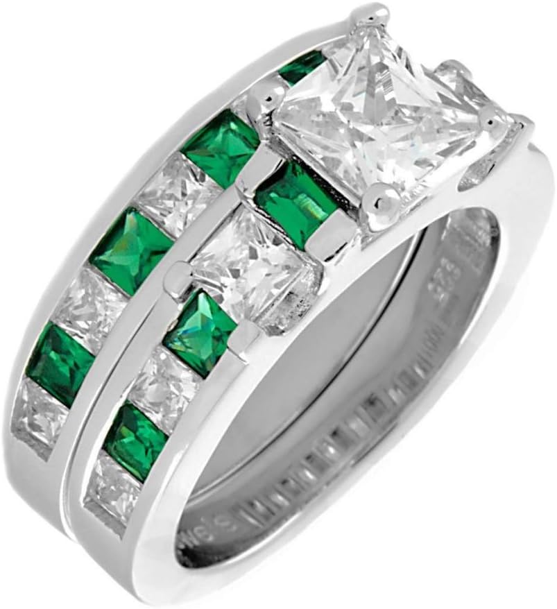 Olympia: 4.35ct Simulated Emerald n Russian IOF CZ 2pc Bridal Wedding Ring Set Silver, 3023