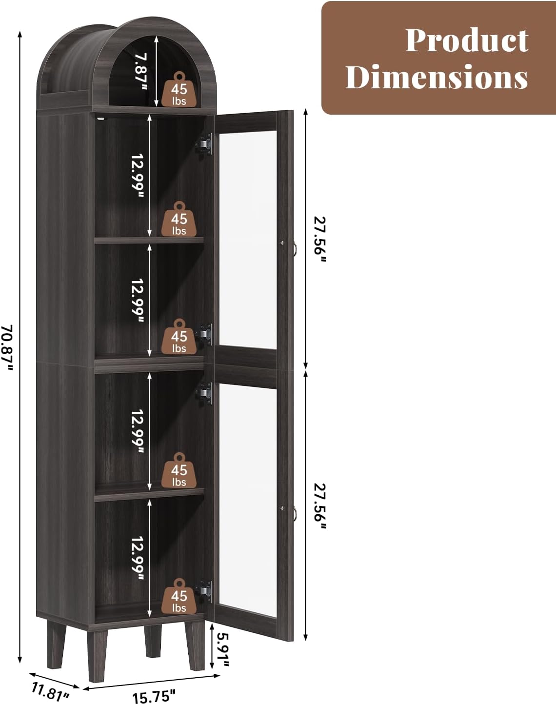 71�� Tall Arched Cabinet with Acrylic Door, Modern Curio Arched Bookcase, Display Cabinet Organizer, Kitchen Pantry with Top-Opening Storage Container for Living Dining Room, Black