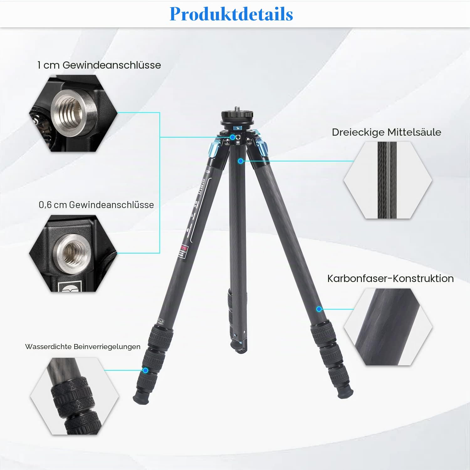 SIRUI Wasserdichtes Carbonfaser-Stativ, 175CM Professionelles Schwerlast-Kamerastativ mit dreieckiger Mittelsäule, großes Rohr für DSLR, Camcorder, Belastung 15kg (ST-224)