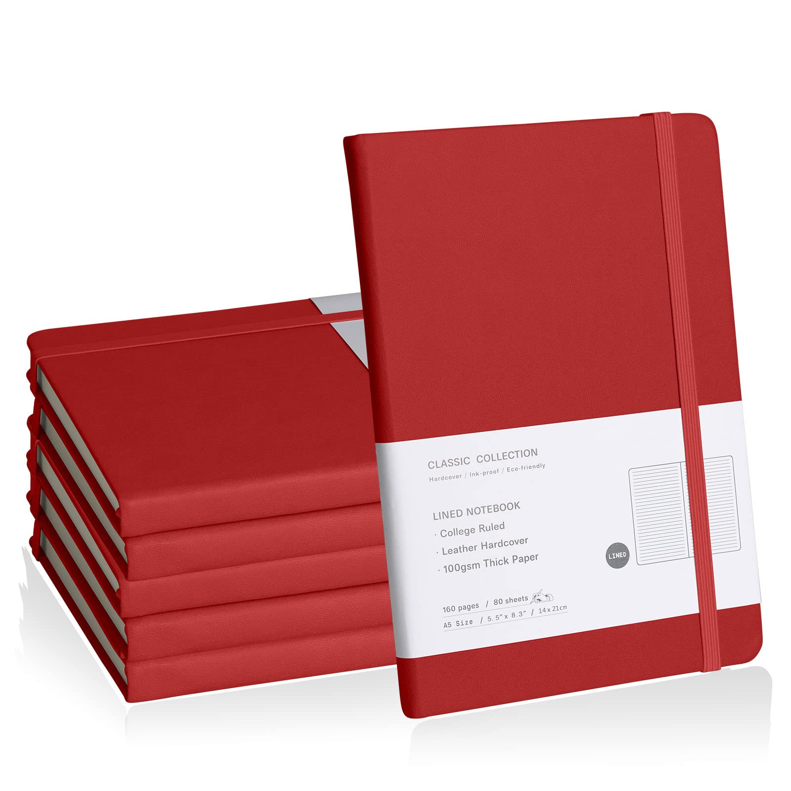 Quaderno a righe, confezione da 6 pezzi, 160 pagine, medio 14,5 x 20,3 cm, carta spessa 100 g/m², copertina rigida