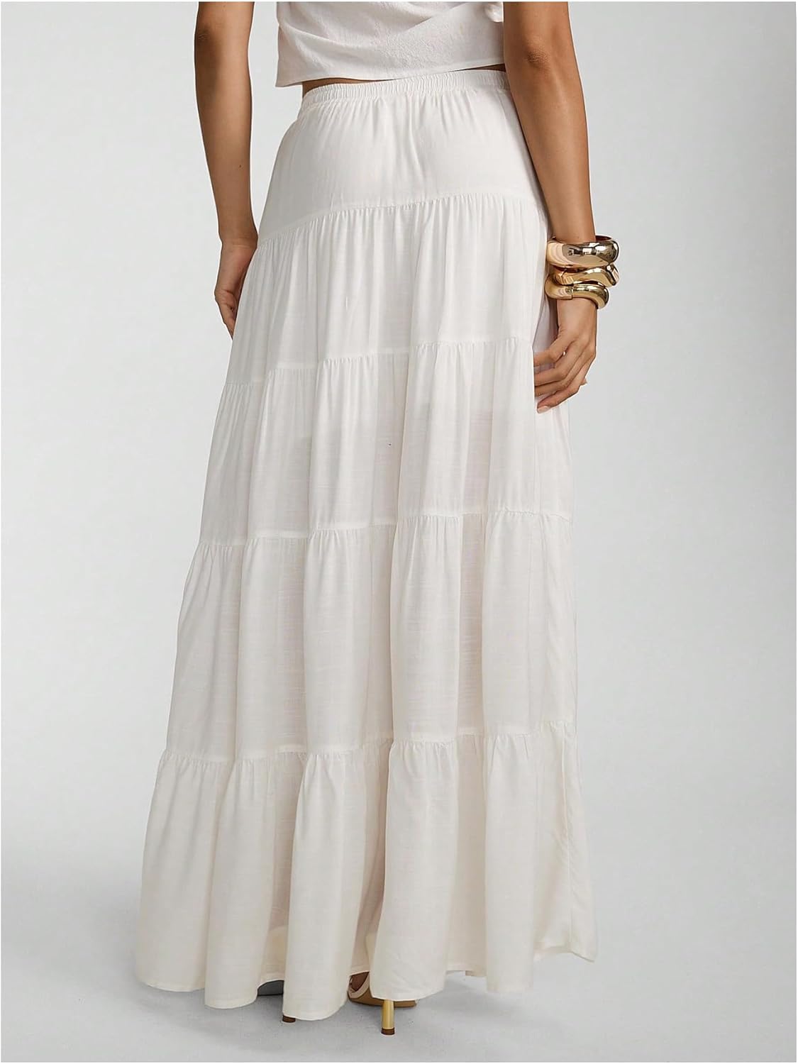 MakeMeChic Women's Boho Linen Elastic Waist Skirt Tie Front Tiered Ruffle Flowy Maxi Skirts - Image 3