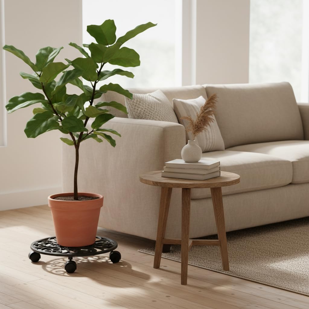 Comfy Hour 12" Cast Iron Plant Caddy with Wheels, Heavy Duty Rolling Flower Pot Stand, Decorative Victorian Style Plant Dolly for Indoor Outdoor Use, Bronze Finish, 1 Unit