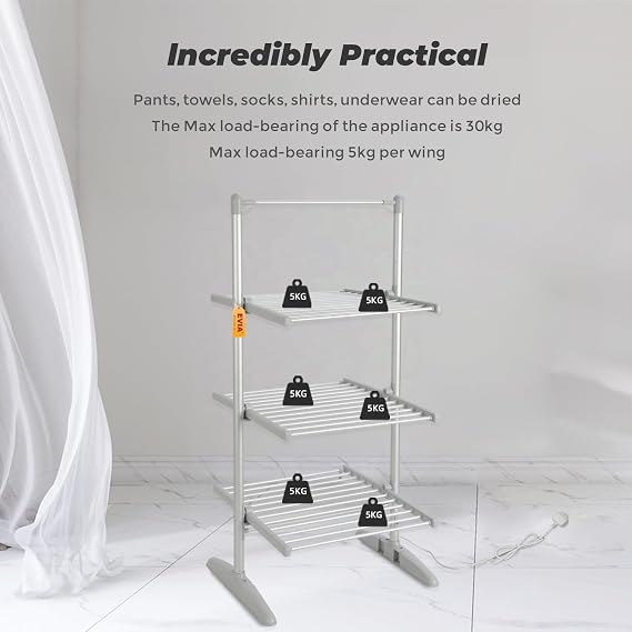 3-Tier Heated Clothes Airer, Aluminium Portable Folding Electric Dryer, Floor-Standing Clothes, 300W 45-55C Constant Temperature Drying Rack for Indoor, Outdoor, Bathroom, Laundry Room