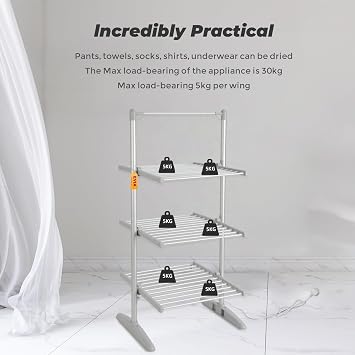 3-Tier Heated Clothes Airer, Aluminium Portable Folding Electric Dryer, Floor-Standing Clothes, 300W 45-55C Constant Temperature Drying Rack for Indoor, Outdoor, Bathroom, Laundry Room