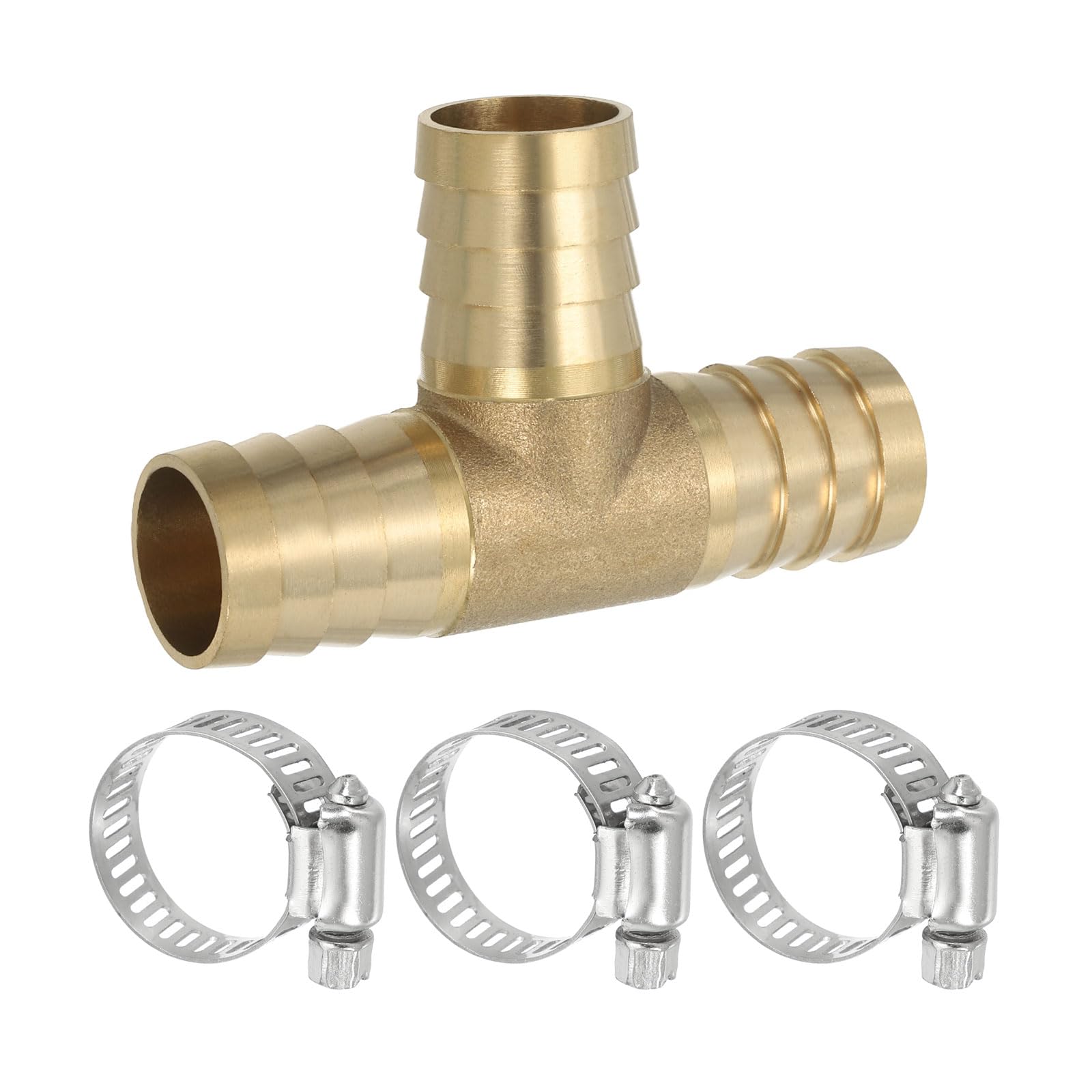 PATIKIL 1/2" Brass Tee Hose Barb Fitting, 3 Ways Union Intersection T Shape Barbed Split with Clamps for Air Water Fuel Gas Liquid, Golden — view 13