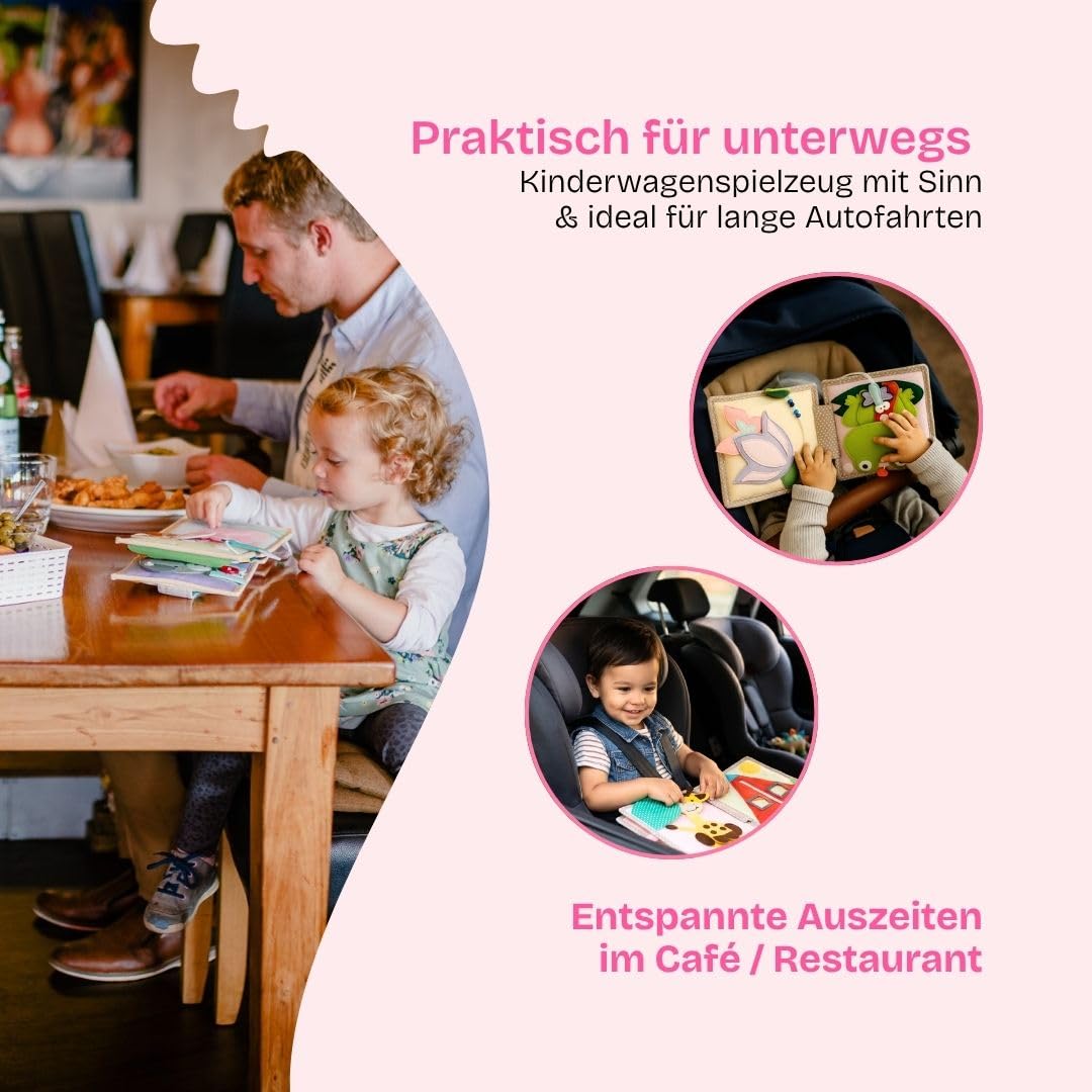 Jolly Designs Mini Quiet Book Schillernder Papagei – Montessori Spielzeug ab 6 Monaten – Fühlbuch & Busy Book ohne lose Teile – Stoffbuch & Motorikspielzeug aus Filz – Lernspielzeug für Babys