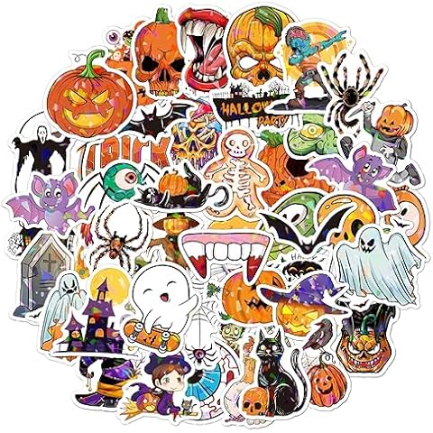 Halloween Stickers Cute Cartoon Decorations, 50PCS Kawaii Vinyl Waterproof Party Supplies Bats Pumpkin Deco for Cards Water Bottle Guitar Hydroflask Skateboard Suitcase Laptop Kids Gifts DIY Craft Cover