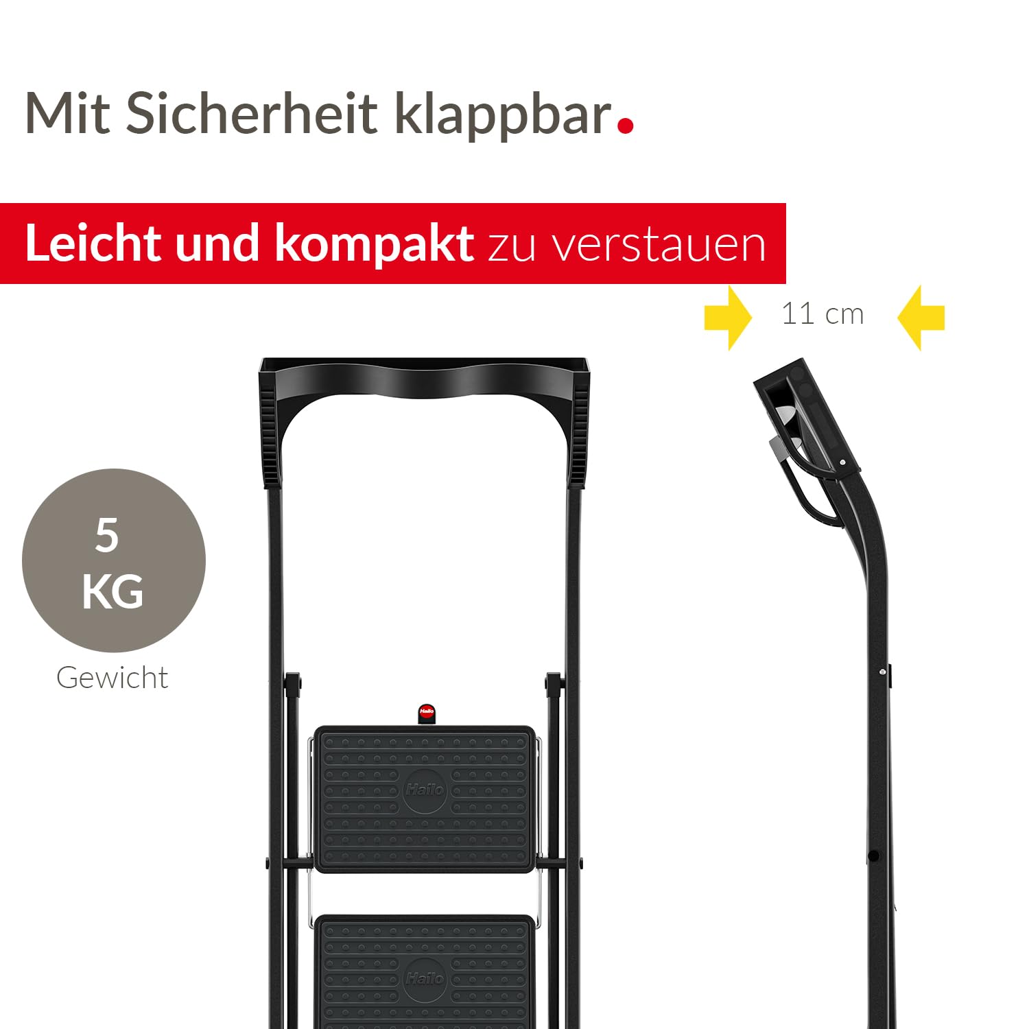 Hailo K77 ComfortLine Klapptritt - 2-stufige Trittleiter aus Stahl mit Sicherheitsbügel und Ablageschale - Arbeitshöhe bis 2,47 m - Gewicht: 5 kg - Schwarz